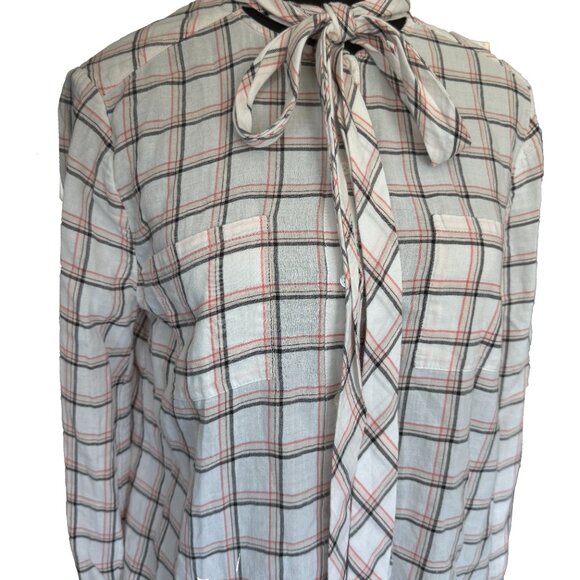 Joie Tie Front Blouse M | Brown Pink Cream Print Bib Collar Long Sleeve Boho Top - Picture 7 of 11